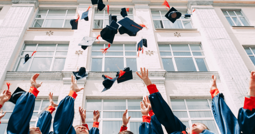 uni students throwing their graduation caps in the air 