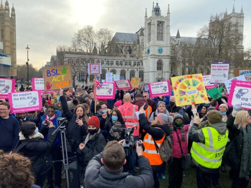 deaf role model David in a crowd of protestors and rally