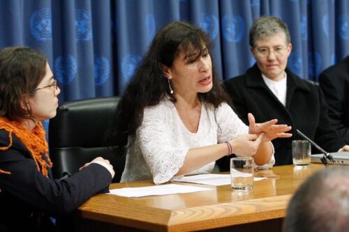 Vice chair of WFD Deaf at a conference as part of a panel at the UN