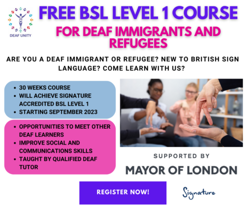 Poster advertising a free BSL Level 1 course for immigrants and refugees in London