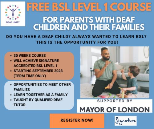Poster offering a free BSL Level 1 course for families in London