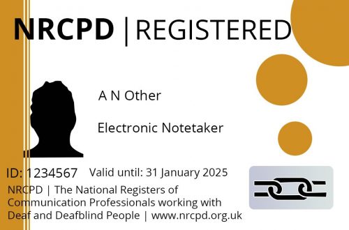 Brown electronic notetaker badge from NRCPD