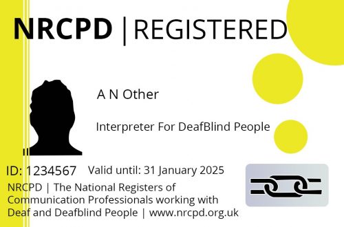 yellow Deafblind interpreter badge from NRCPD