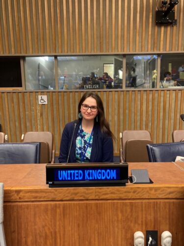 Kirstie is sat down in front of the United Kingdom seat in the UN Assembly Room. She has blue earrings, a blue floral dress and navy blazer.